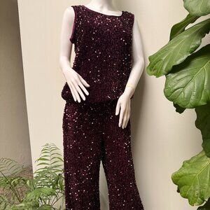NWOT Nina Leonard Plum Velvet Sequined Wide Leg Pant and Tank Set - M